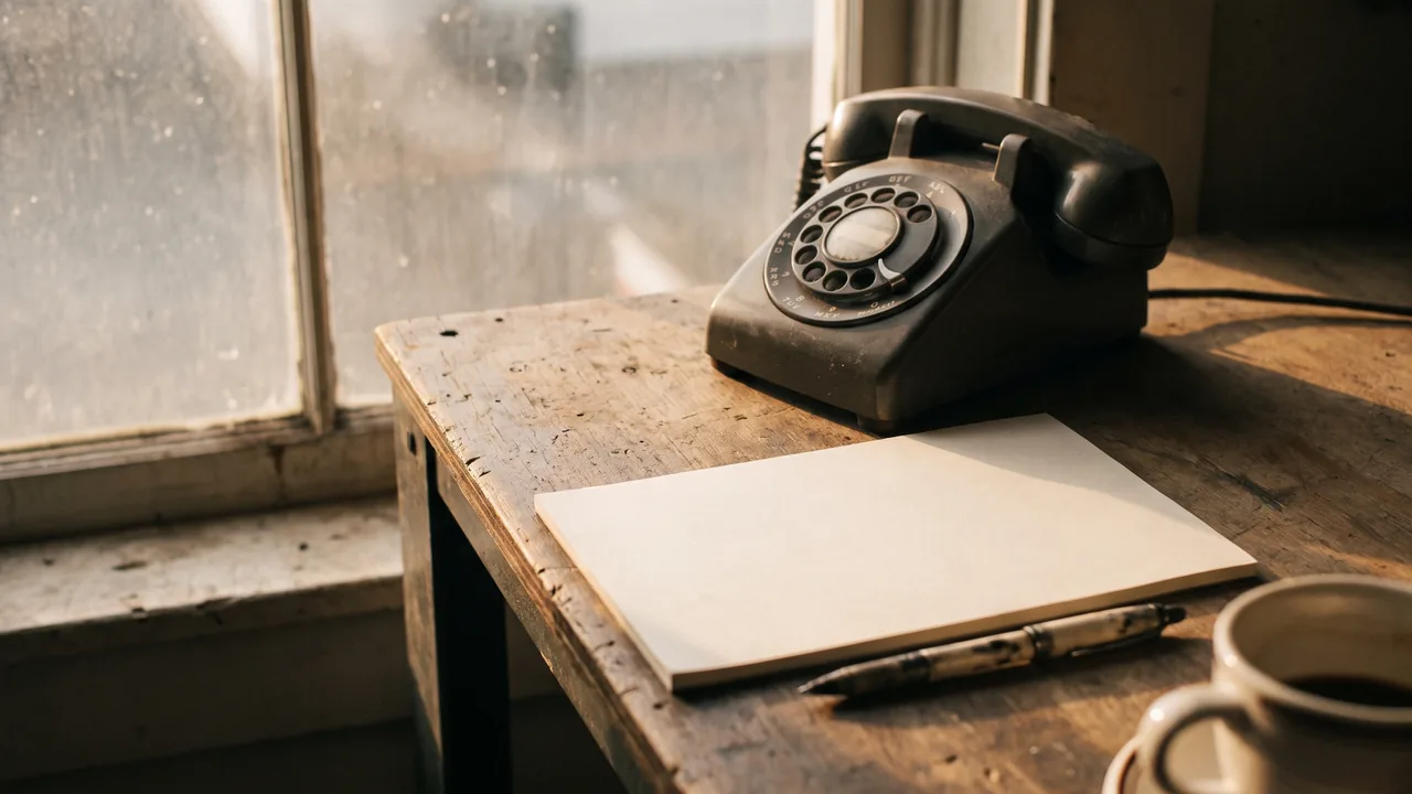 Telefon und leerer Notizblock auf einem Werkstattschreibtisch