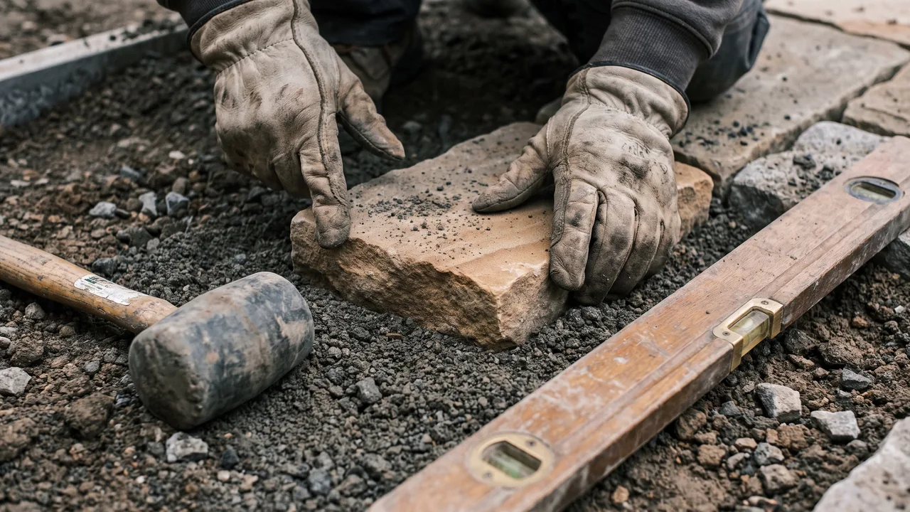 Hände in Arbeitshandschuhen setzen einen Pflasterstein in ein Splittbett