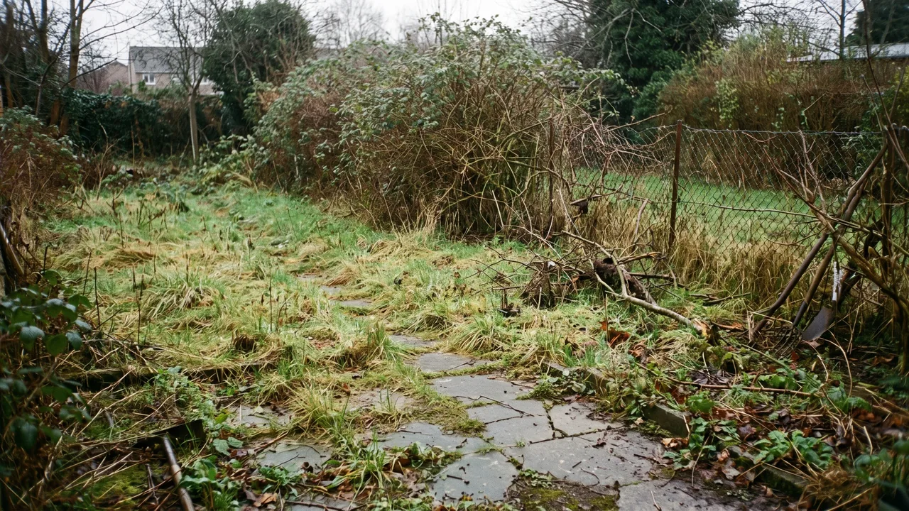 Verwilderter Garten vor der Sanierung mit brüchigem Plattenweg und ungeschnittener Hecke