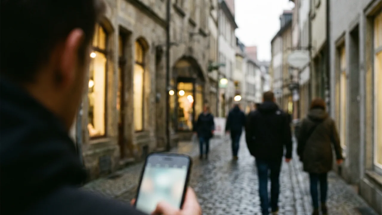 Hand mit Smartphone in einer Altstadtgasse, Geschäfte im Hintergrund