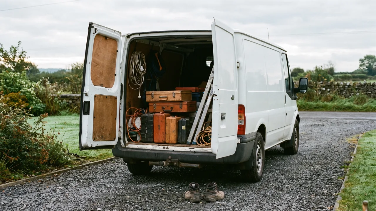 Weißer Handwerker-Transporter mit geöffneten Hecktüren auf einer Auffahrt am Morgen