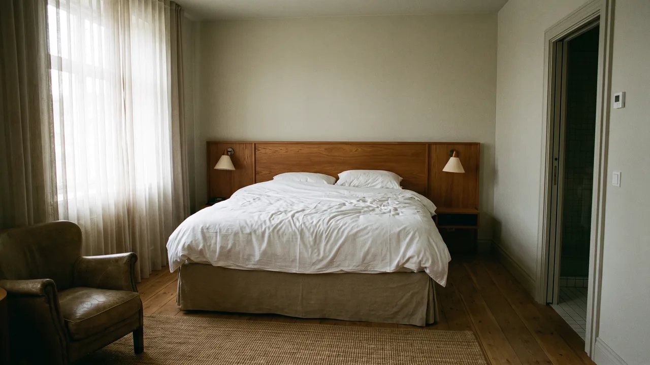 Aufgeräumtes Doppelzimmer im Tageslicht, aus der Zimmerecke fotografiert
