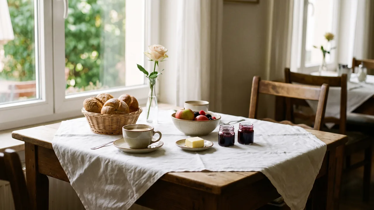 Gedeckter Frühstückstisch am Fenster mit Kaffee, Brot und Obst