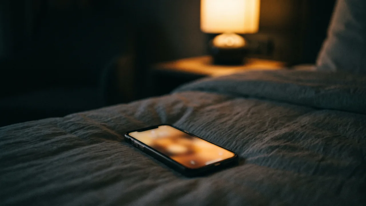 Smartphone auf einer Bettdecke, Bildschirm leuchtet warm im abgedunkelten Zimmer