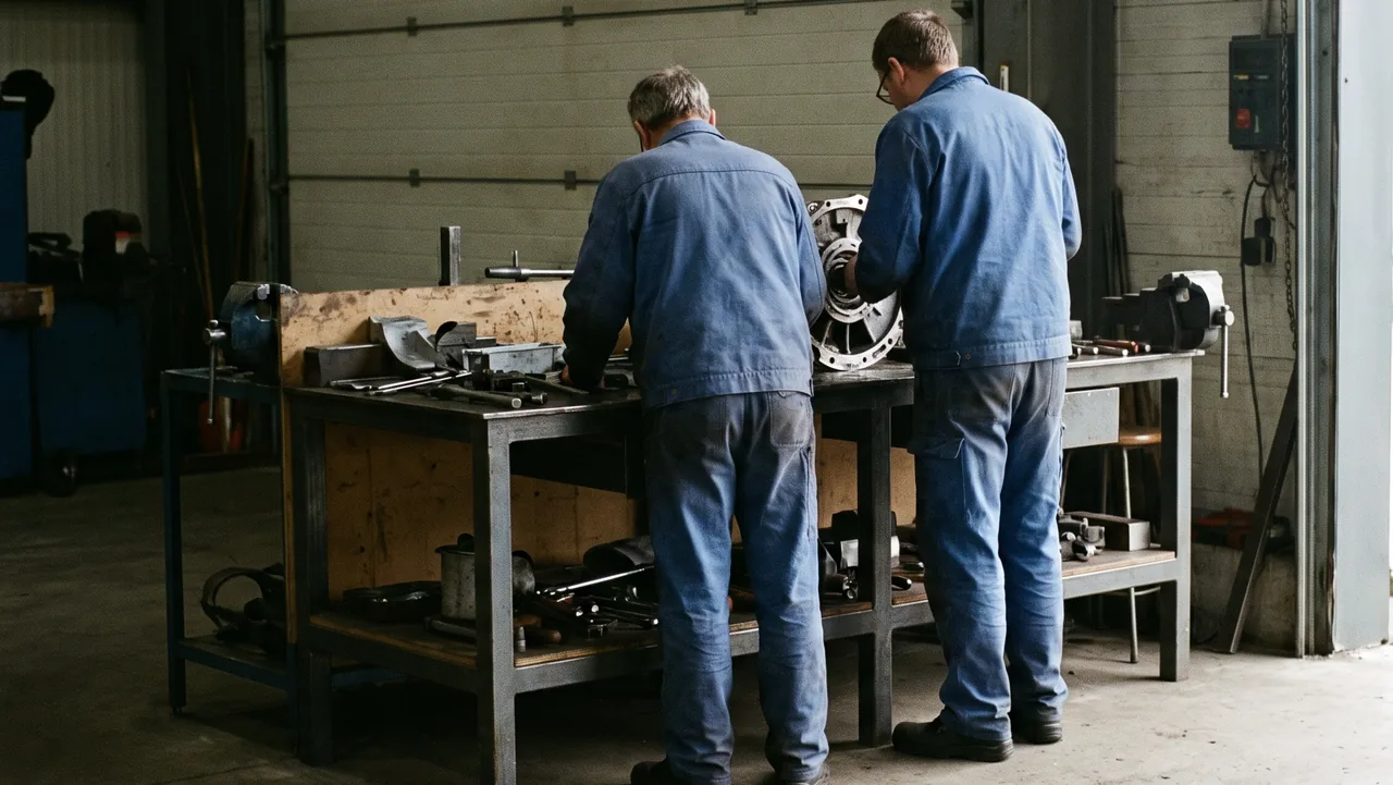 Zwei Personen in Arbeitskleidung an einer Werkbank, von hinten aufgenommen
