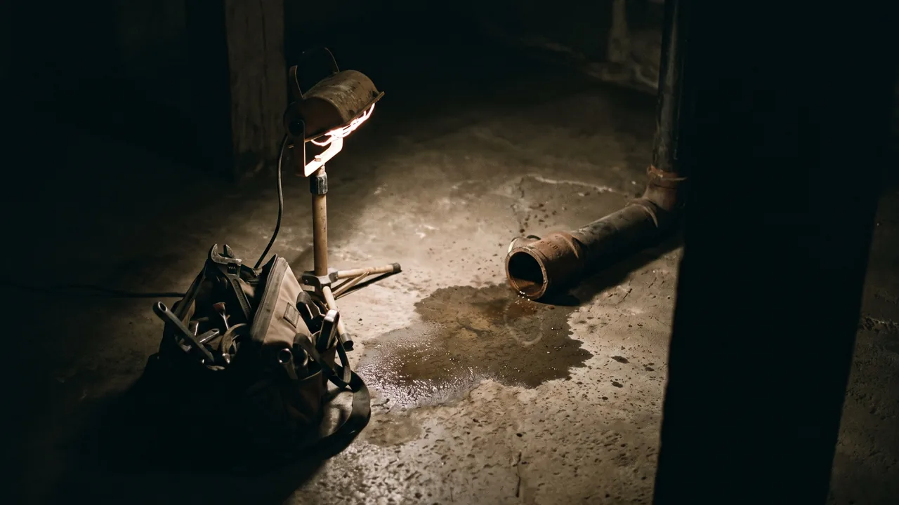 Kellerboden bei Nacht mit Wasserfleck, Arbeitsleuchte und Werkzeugtasche