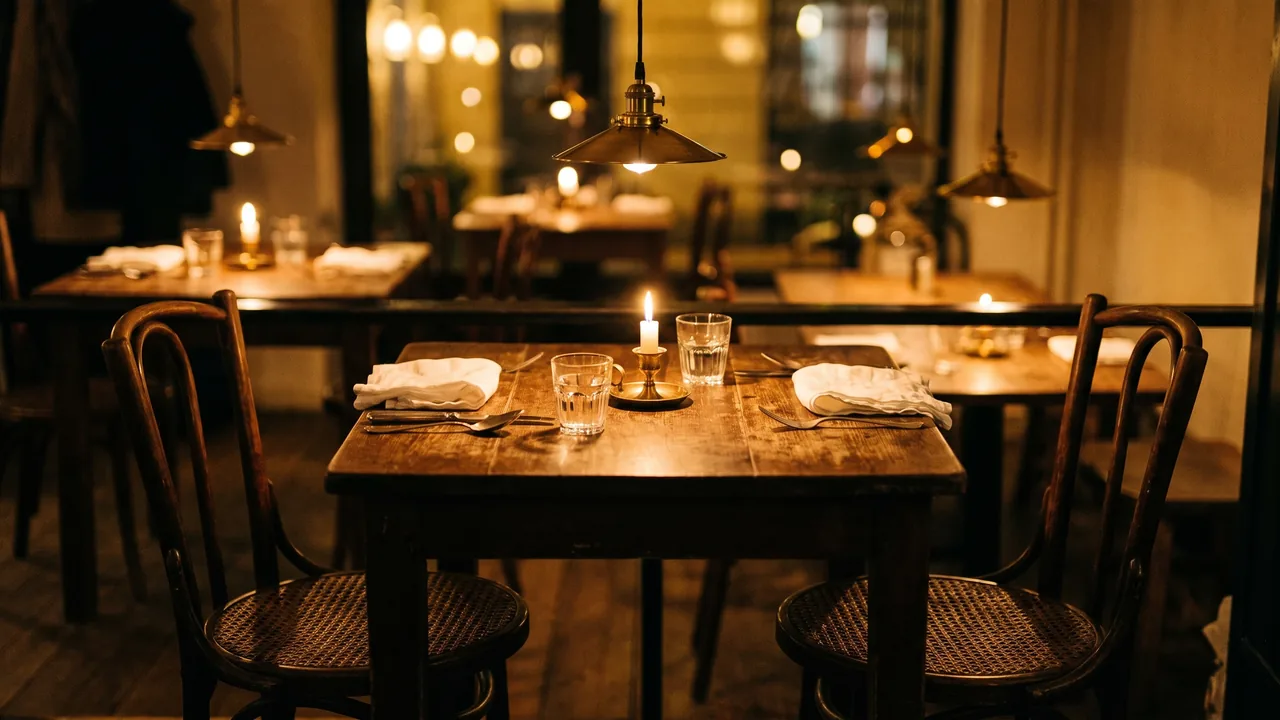Gedeckter Tisch für zwei in einem kleinen Restaurant am Abend