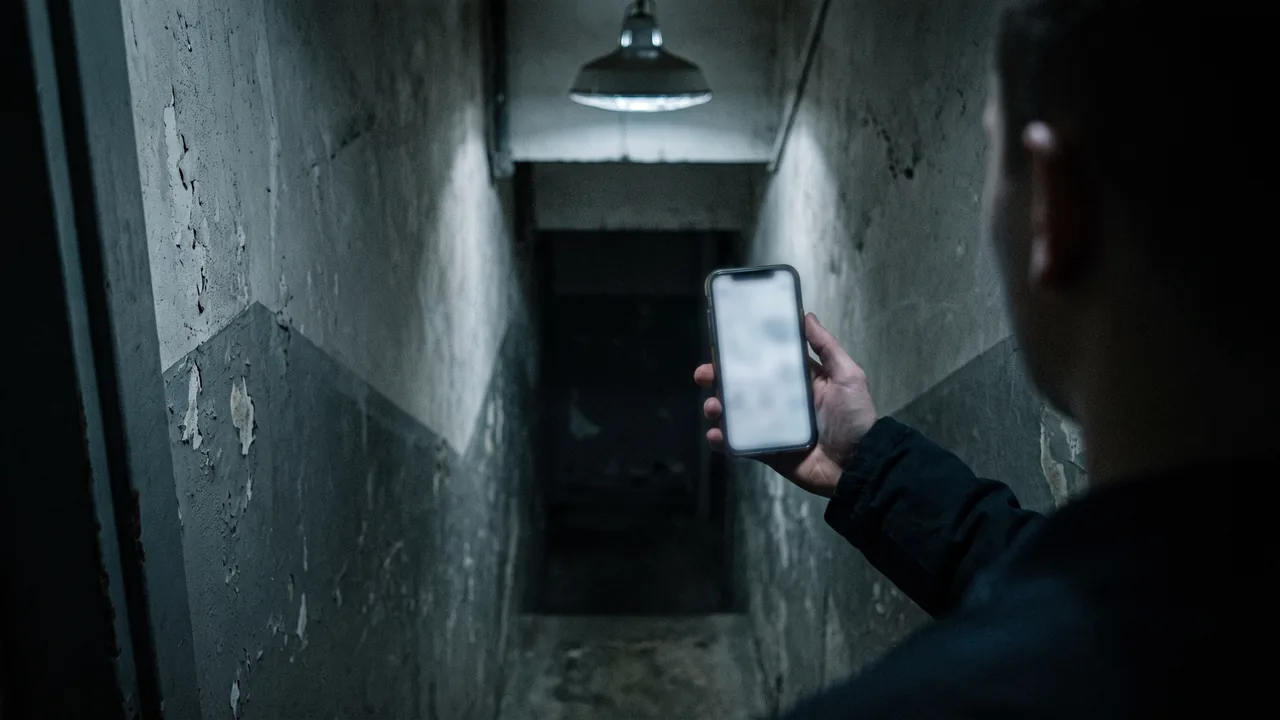 Hand mit Smartphone in einem Treppenhaus mit schlechtem Empfang